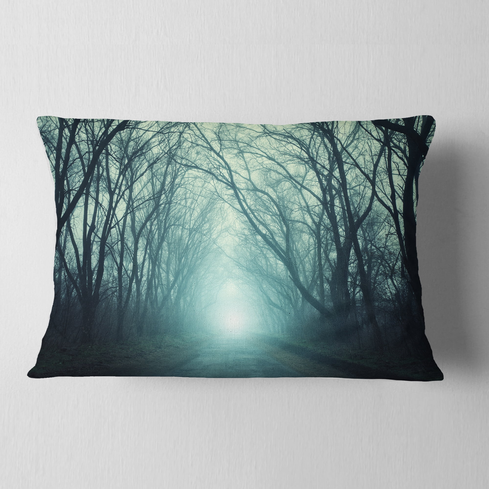 Designart Fall Forest Path with Green Light - Landscape Photography Throw Pillow - 12x20
