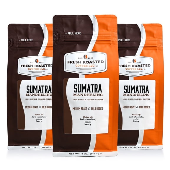 3 pack Fresh Roasted Coffee, Sumatra Mandheling Coffee, Medium Roast, Whole Bean, 12 oz