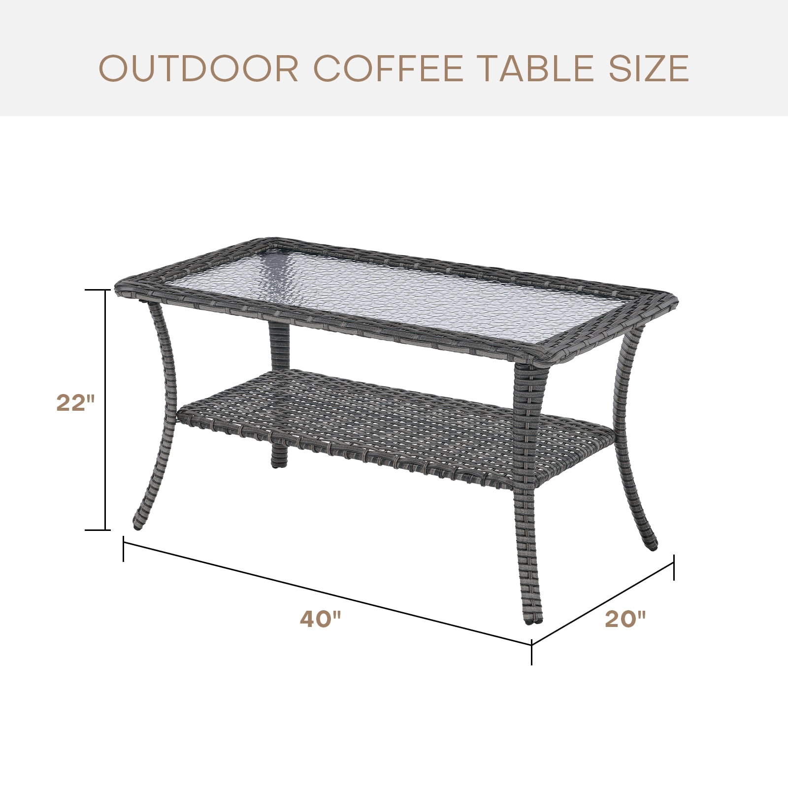 Gymojoy 40 Inches Patio Wicker Rattan Coffee Table, Outdoor Furniture Rectangle Tempered Glass Top Side Table with Storage, Brown