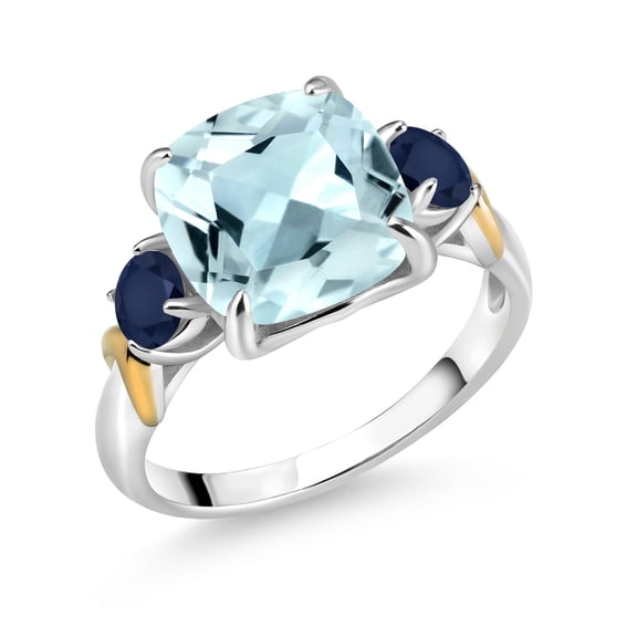 Gem Stone King 925 Silver and 10K Yellow Gold Sky Blue Simulated Aquamarine and Blue Sapphire 3 Stone Ring for Women (4.50 Cttw, Gemstone Birthstone, Cushion 10MM, Round 4MM, Size 5)