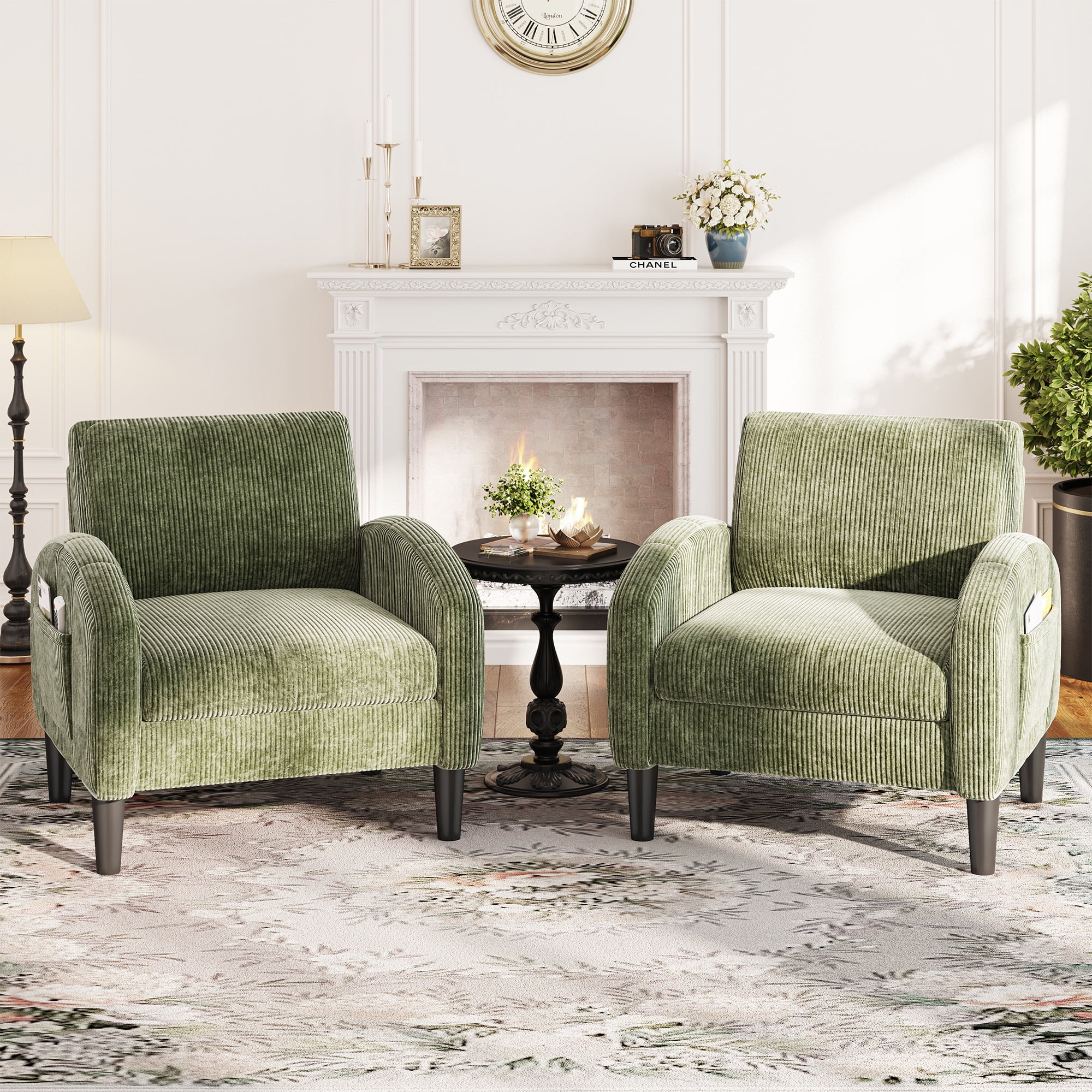 Romorgniz Mid Century Modern Accent Chair, Lounge Armchair with Extra Thick 6.3" Cushion & Side Pockets, Comfort Chair for Living Room, Bedroom, Apartment, Small Space, Forest Green