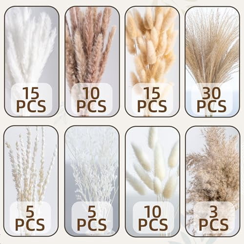 Premium 8-Variety Dried Pampas Grass Bouquet - Boho Wedding Flowers, Rustic Farmhouse & Home Table Decor Centerpiece, Natural Dried Floral Arrangement (93 Pieces)
