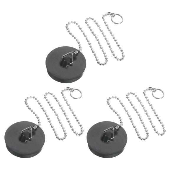 3Pcs 1.77" Bathtub Drain Stopper, Rubber Sink Plug Blocker with 15" Chain, Black