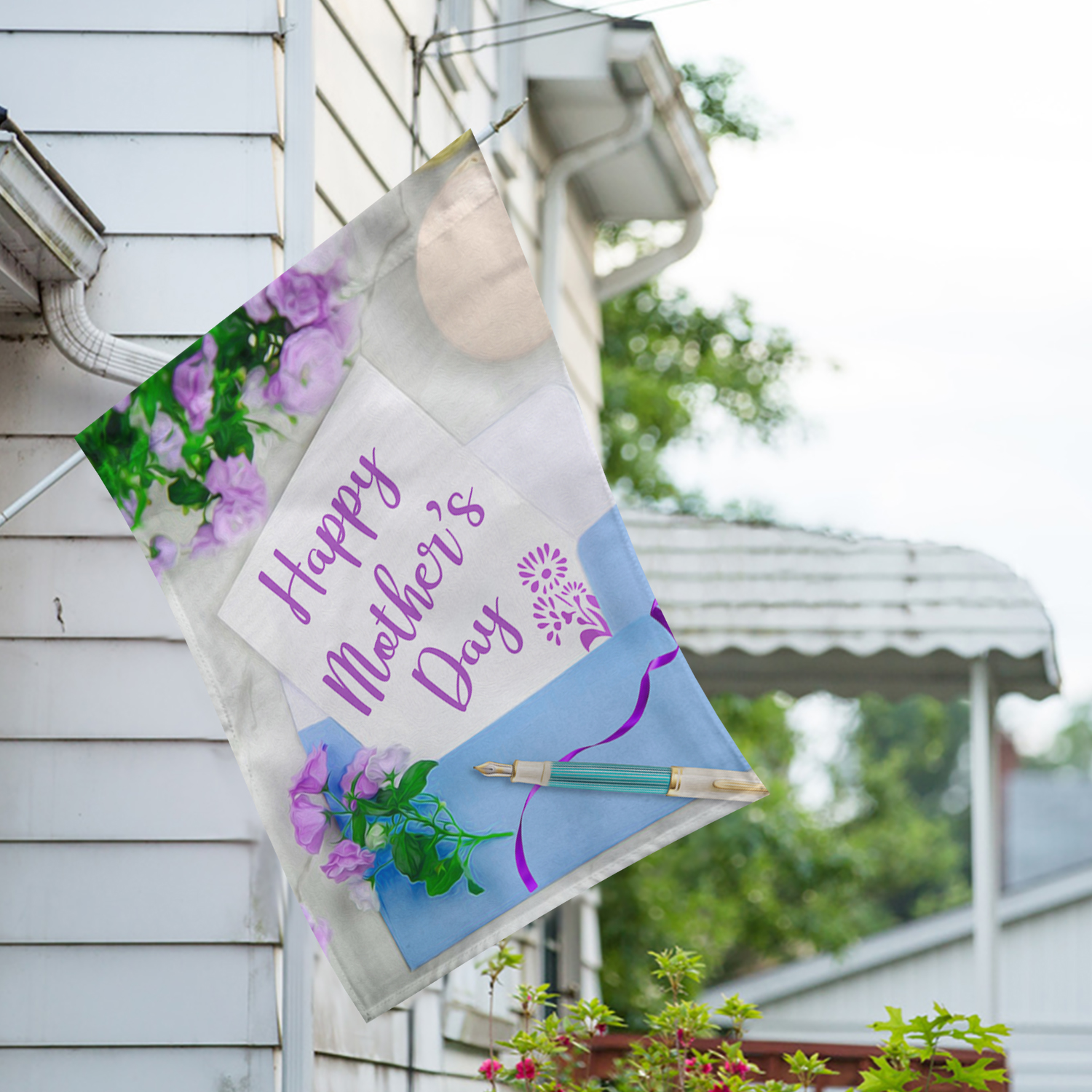 America Forever Happy Mother's Day Note House Flag 28 x 40 inches Floral Greetings Card Purple Flowers Double Sided Holiday Seasonal Yard Outdoor Decorative I Love You Mom Flag