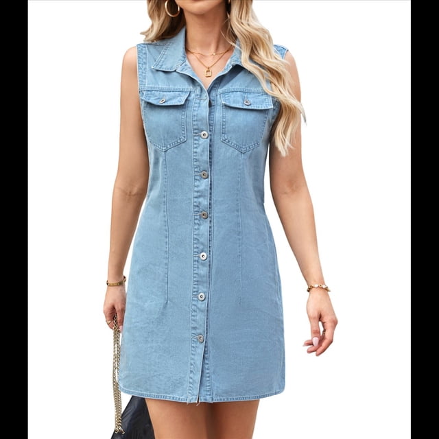 Vestidos de Mezclilla para Mujer, Sin Mangas, Elásticos, de Verano, Estilo Vaquero, Informal, Estilo Occidental, Corto, con Botones y Bolsillo de Azul S