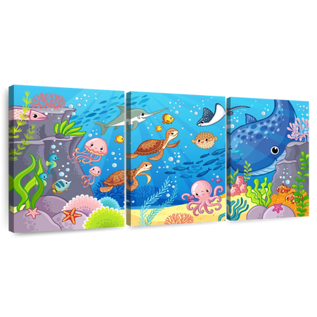 Elephant Stock Cartoon Underwater Animals Wall Art - Horizontal Multi Panel Canvas - Living Room Wall Decor - Kids And Nursery Multi Panel - Gray And Beige Decor - 26" x 12"