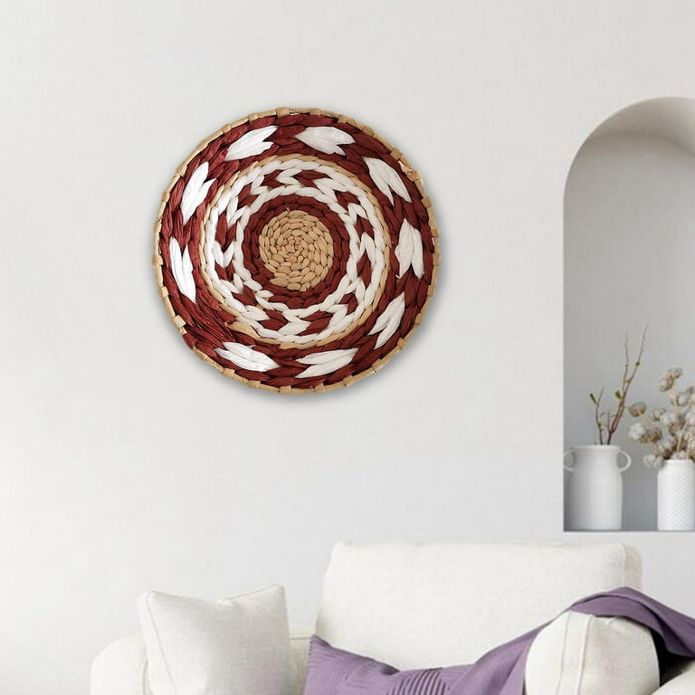 Natural Woven Basket Wall Decor Pastoral Tapestry Unique Art Craft Round Durable Indoor Hangings for Hallway Living Room Patio Home Decor 0cm Red