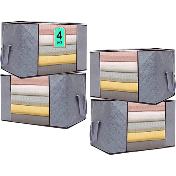 Bolsa de Almacenamiento de Gran Capacidad, Cajas de Almacenaje con Asa Reforzada, Transparente y Visible, Organizador Transpirable para Edredones y Mantas (Gris-4pcs)