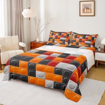 jejeloiu Toy Brick Games Queen Sheet Sets,Building Blocks Flat Sheet,Orange Gray Black Queen Fitted Sheet For Boys Girls,Luxury Bedroom Decor,4 Pieces