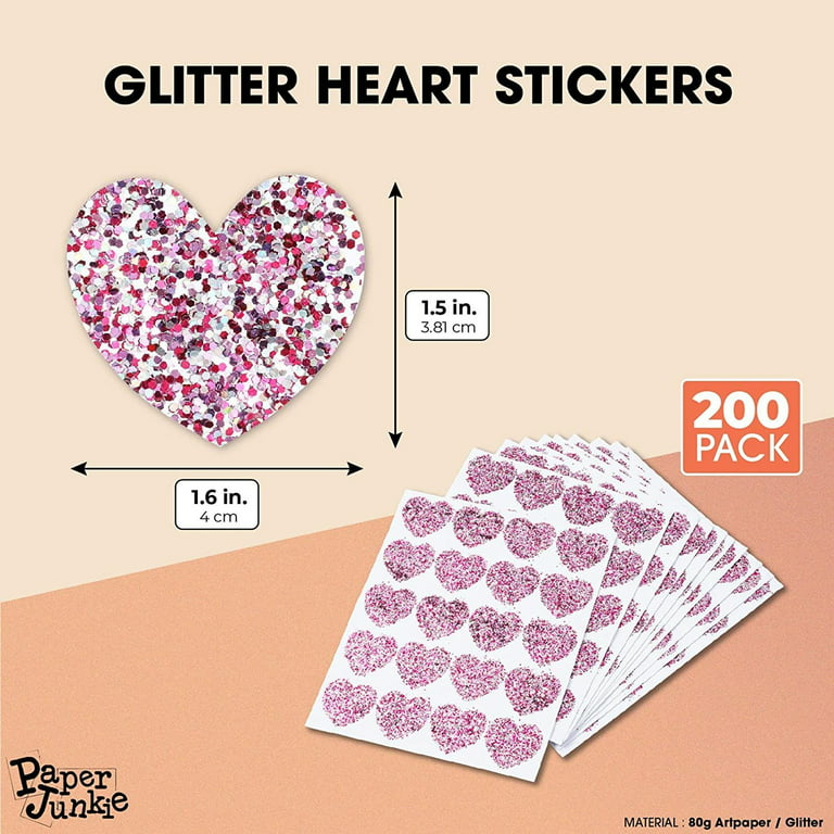 200-Pack 1.5-Inch Holographic Glitter Heart Stickers, Adhesive