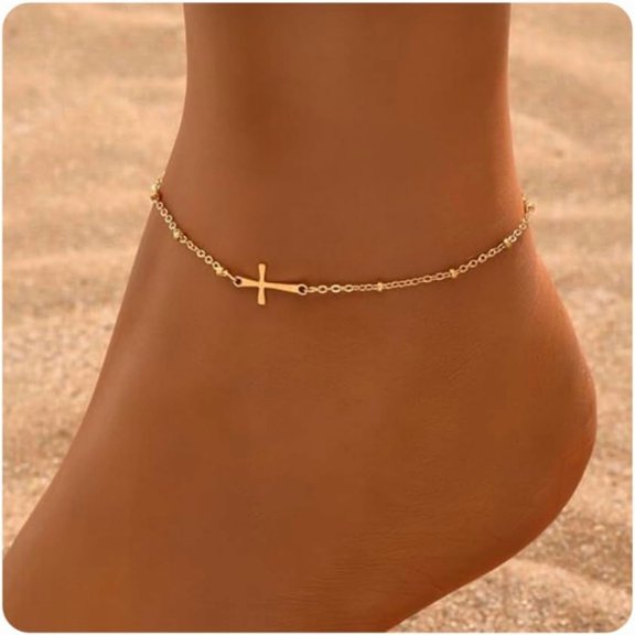 Ankle Bracelets for Women Dainty 18K Gold Plated Anklet Waterproof Round Beaded Paperclip Herringbone Pearl Chain Anklets Waterproof Beach Foot Jewelry