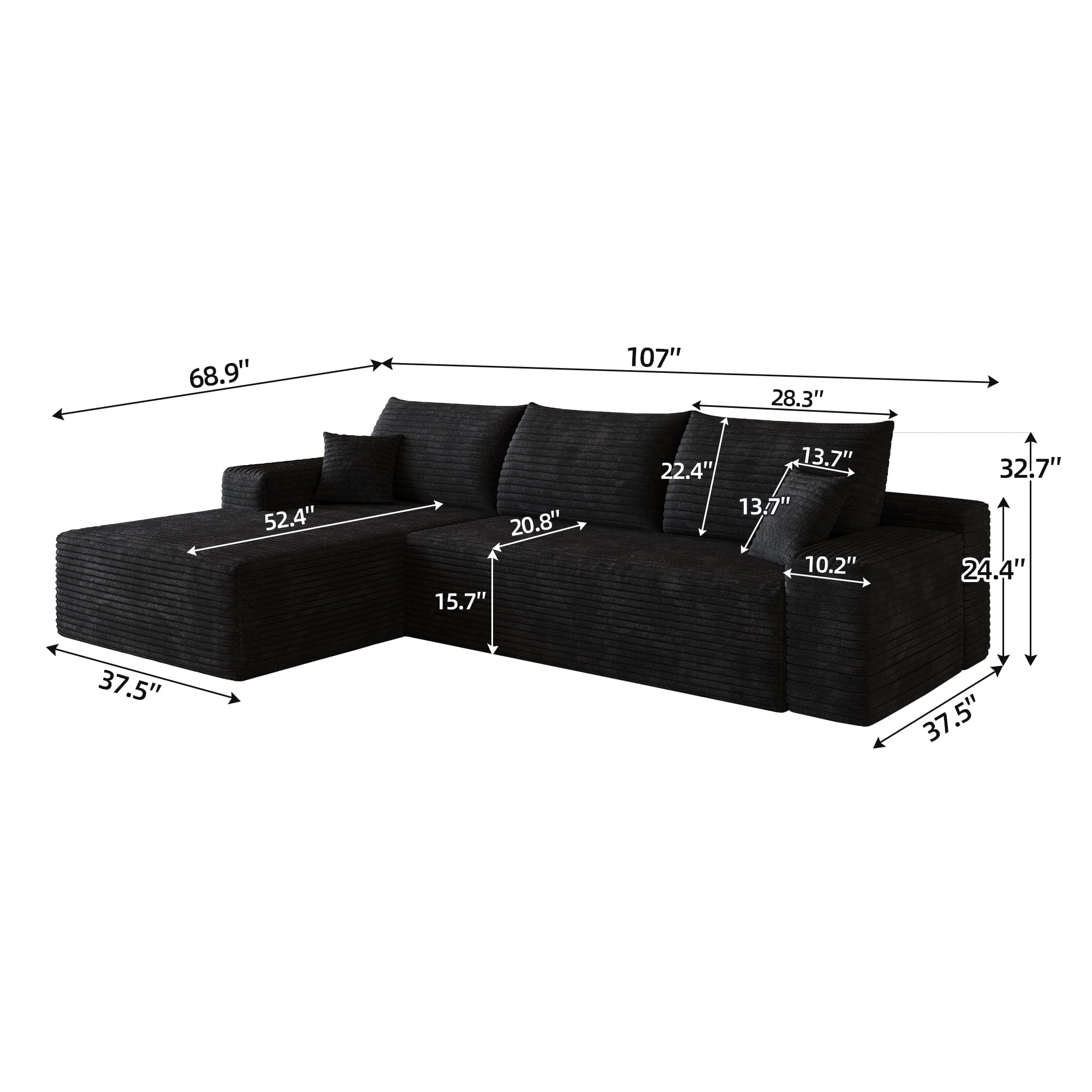 Cloud Sectional Couch 107-Inch with L-Shape Chaise and Deep Seat, Modular Sofa and Corner Couch for Living Room Bedroom, No Assembly Required, Black