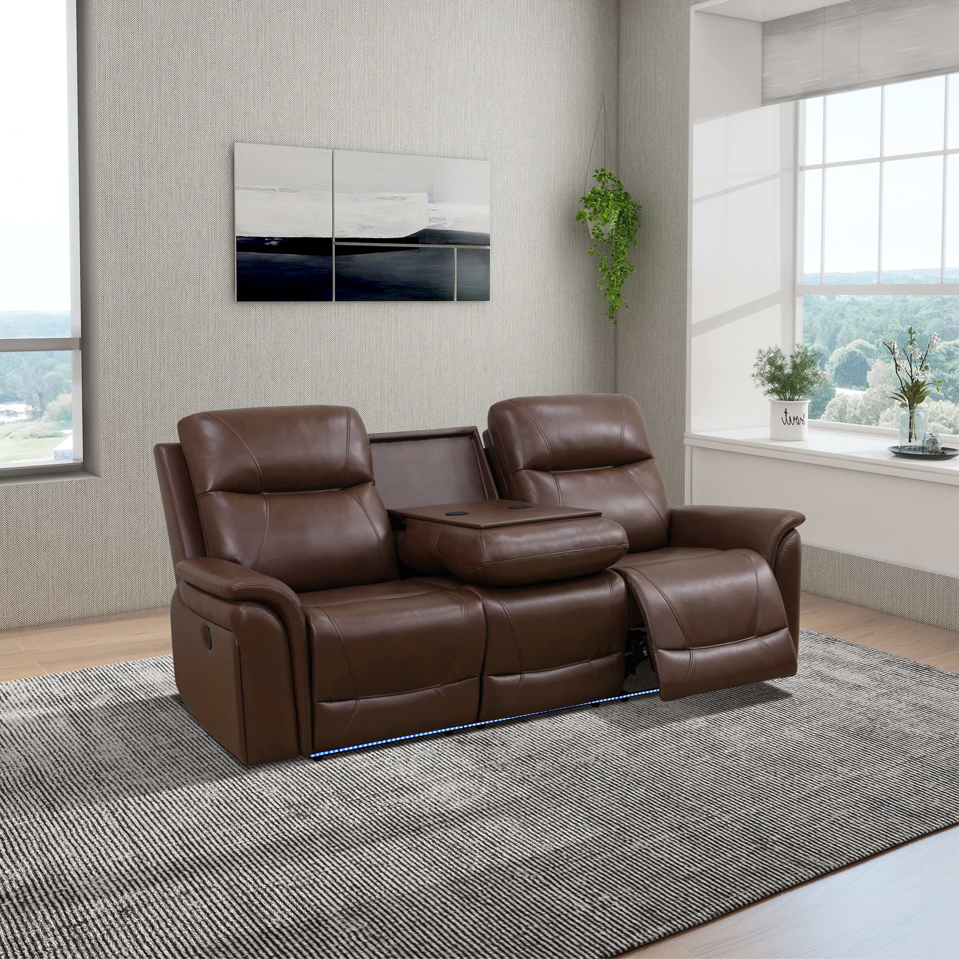 MAYEERTY Power Reclining Sofa, Electric 3-Seat Breathable Leather Recliner with USB Charging, Reversible Table & LED for Living Room, Reddish Brown