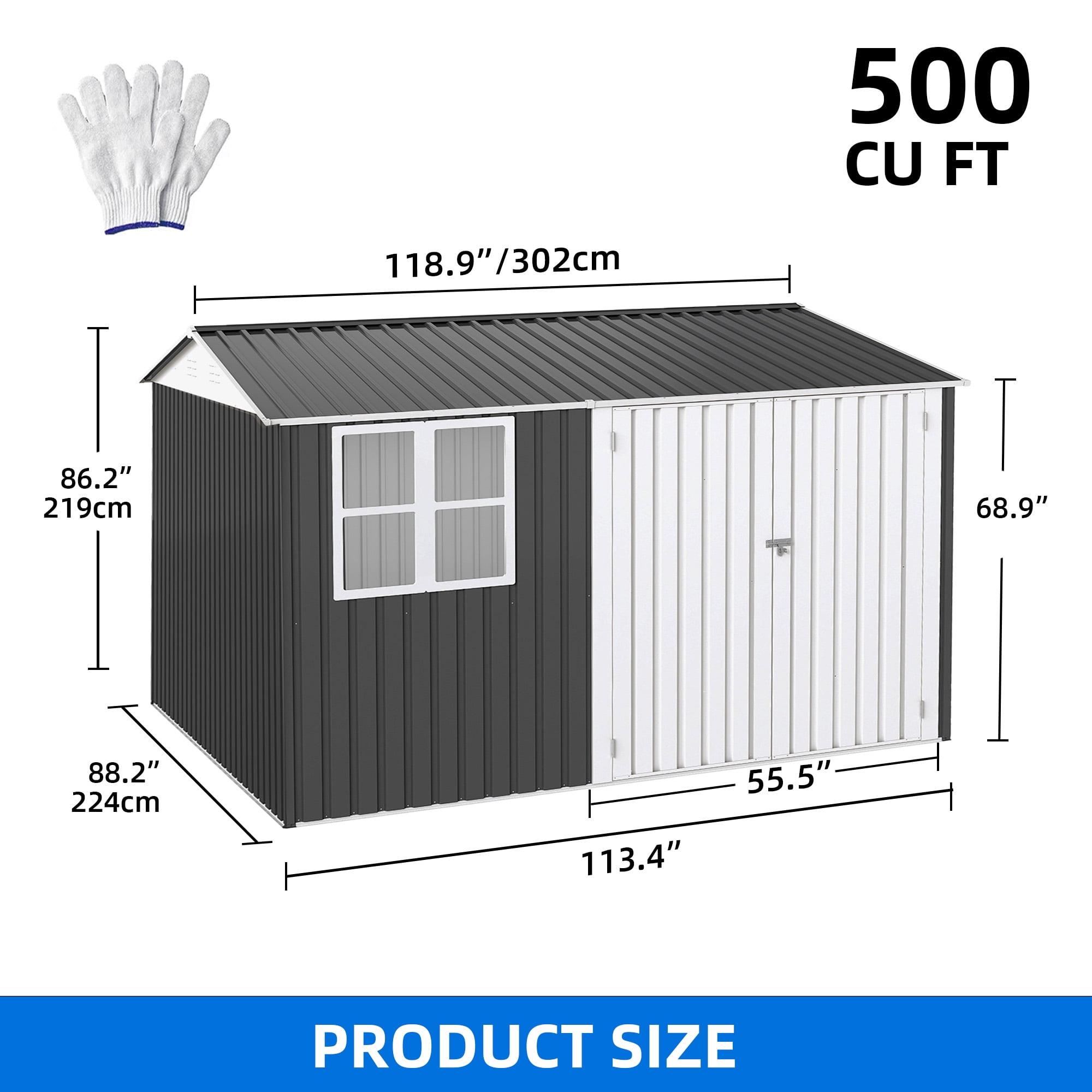 Dextrus 10' x 8' Outdoor Storage Shed, Waterproof Metal Shed with Windows, Lockable Doors Gray/White