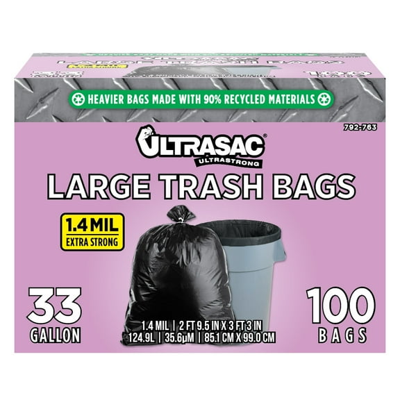 Ultrasac 33 Gallon 1.4 Mil Heavy Duty Trash Bags - 100 Pack/w Ties - 33" x 39"