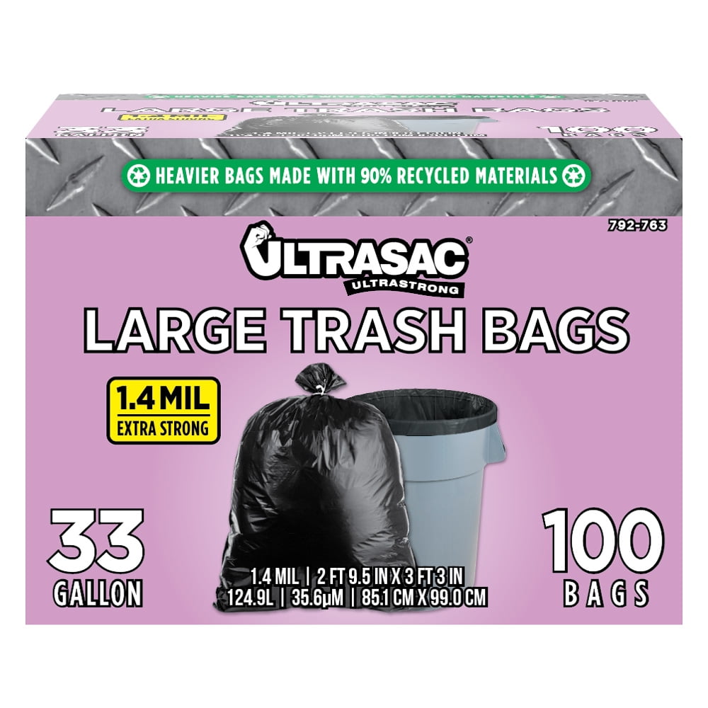 Ultrasac 33 Gallon 1.4 Mil Heavy Duty Trash Bags - 100 Pack/w Ties - 33" x 39"