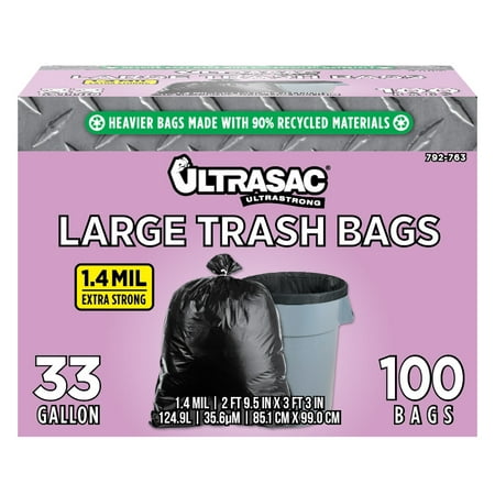 

Ultrasac 39 x 33 Heavy Duty Large Extra Strong Plastic Trash Bags 33 Gallon 100 Pack with Ties