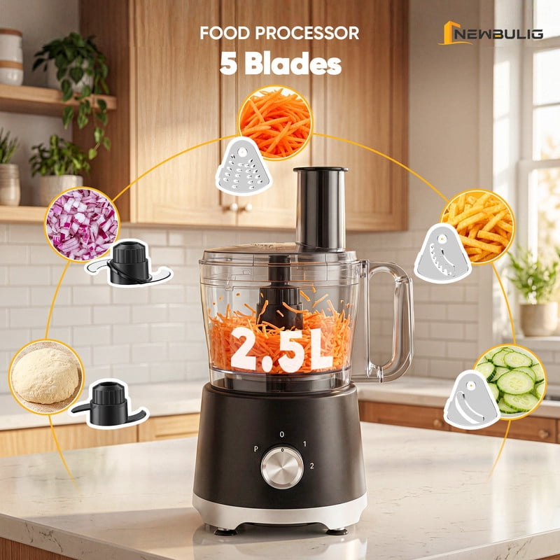 Gianna Food Processors 10.5 Cup, Vegetable Chopper with 5 Blades, 3 Modes Food Processor, Large Capacity, Dishwasher Safe, Stainless Steel Blades, for Smoothie, Fruit, Dough，Black