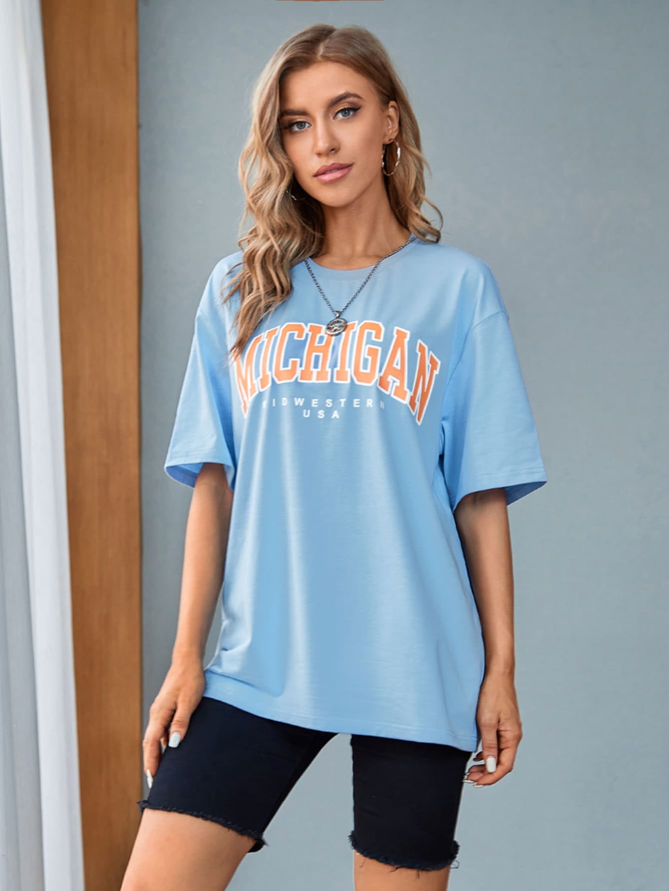 Baby Blue Letter Graphic Drop Shoulder 