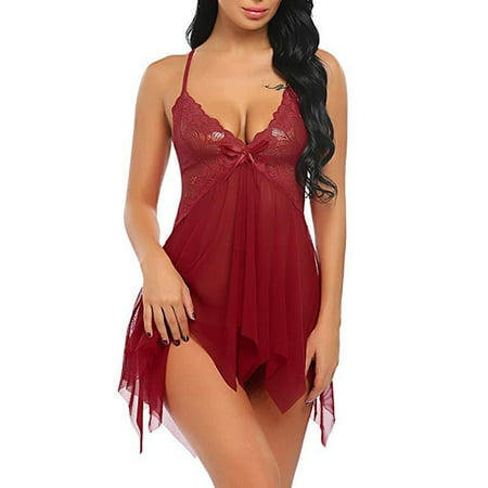 Qiaocaity Pajamas for Women  Women Lingerie Silk Satin Nightgown V-Neck Camisole Nightdress Lace Up Babydoll Nightwear Soft Sleepwear Full Slip Loungewear  Gifts for Women  Wine  XXL