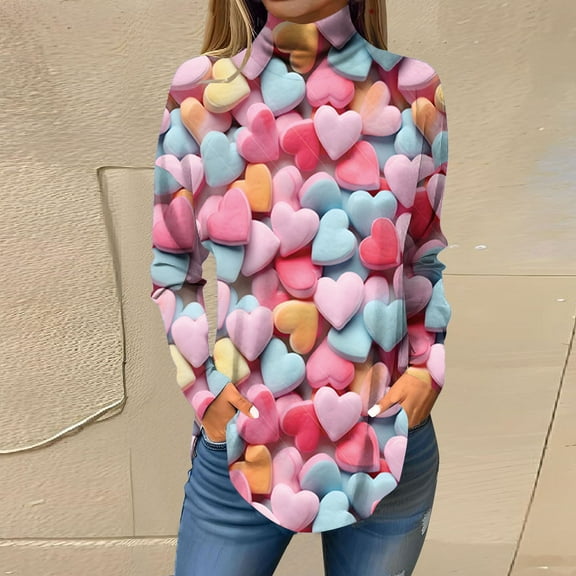 Pimelu Valentines Day Shirts Women Valentines Sweater Womens Spring Long Sleeve Turtleneck Sweatshirts Valentines Day Fashion Heart Print Pullover Tunic Tops