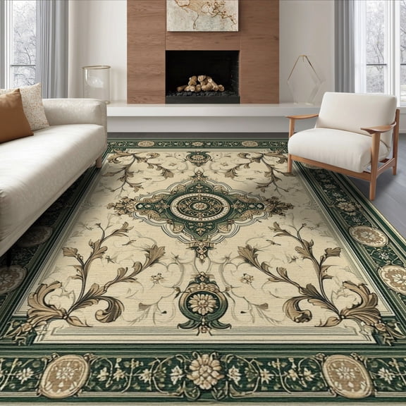 ODIKA 8'x10' Washable Area Rug Vintage Engraved Funky Currency Note Bold Border Collage Motif for Living Room, Under Sectional, Family , Durable, Non-Slip