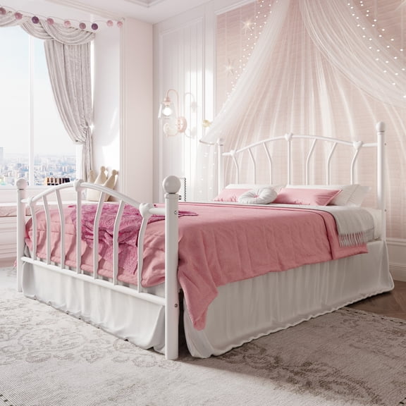 Einfach Queen Bed Frame, Metal Platform Bed with Heart-Shaped Headboard and Footboard, 12.6'' Under-Bed Storage Space, No Box Spring Needed, White