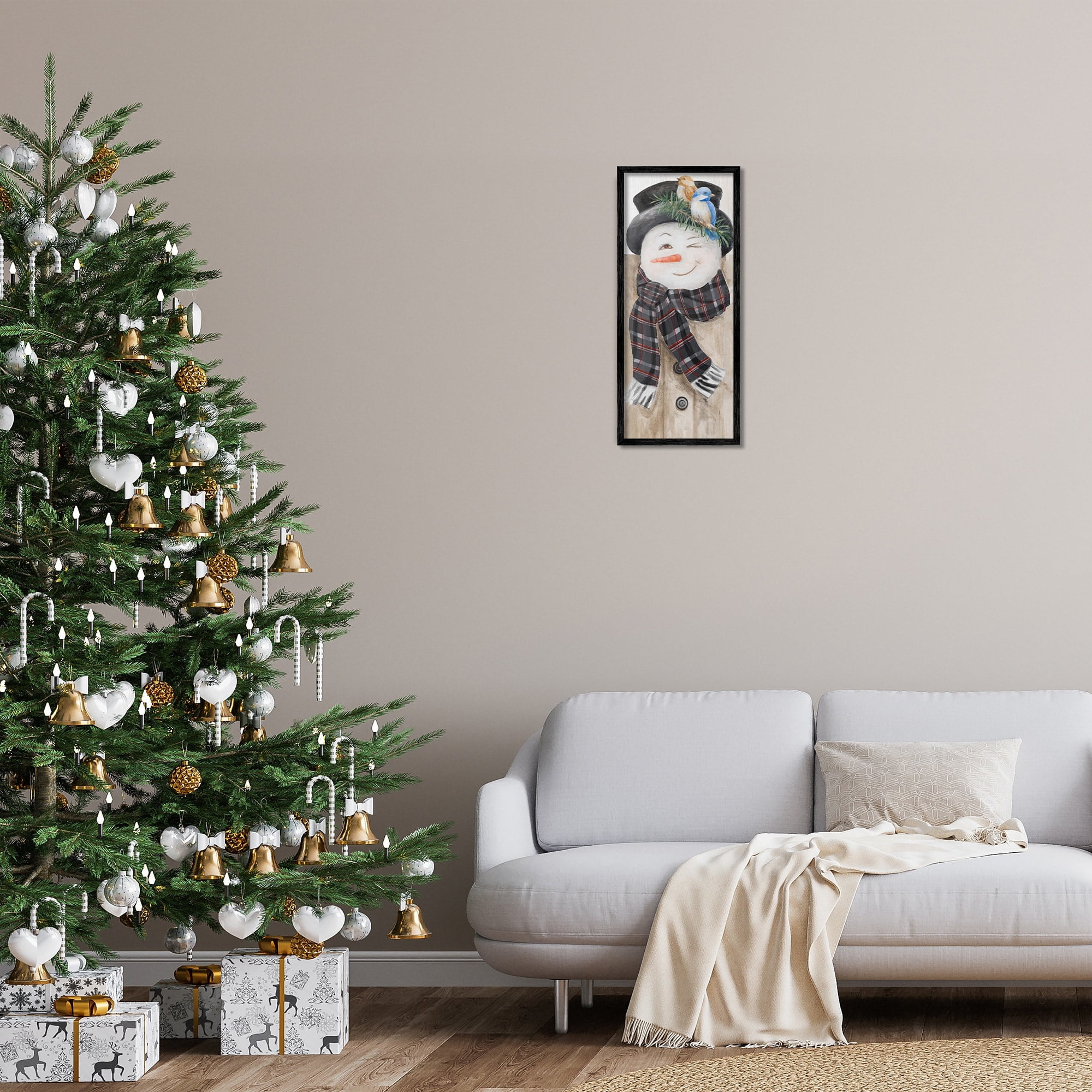 Stupell Industries Snowman Wink Winter Birds Rustic Plaid Scarf Fairy Tales & Fantasy Painting White Framed Art Print Wall Art, 10 x 24