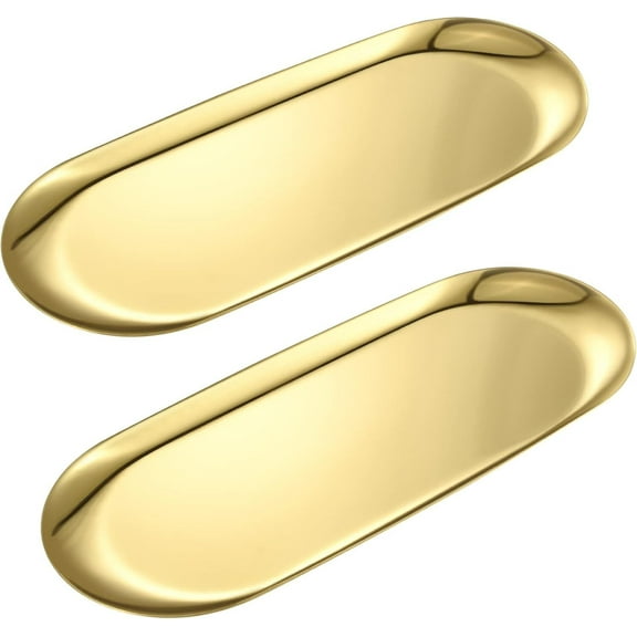 GoXteam 2 Pack Oval Stainless Steel Golden Tray Decor for Coffee Table, Living Room & Bathroom, Vanity & Jewelry Tray, 7" x 3"
