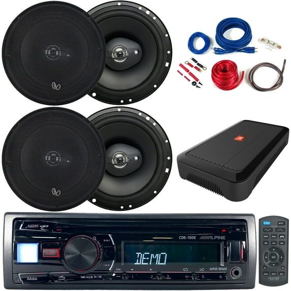 Alpine CDE-150E Single DIN CD Player USB AUX Radio Receiver Bundle Combo with 4x Infinity 6.5" 290 Watt Peak Power 3-Way Car Audio Speakers, 4-Channel Compact Class H Audio Amplifier, Amp Wiring Kit