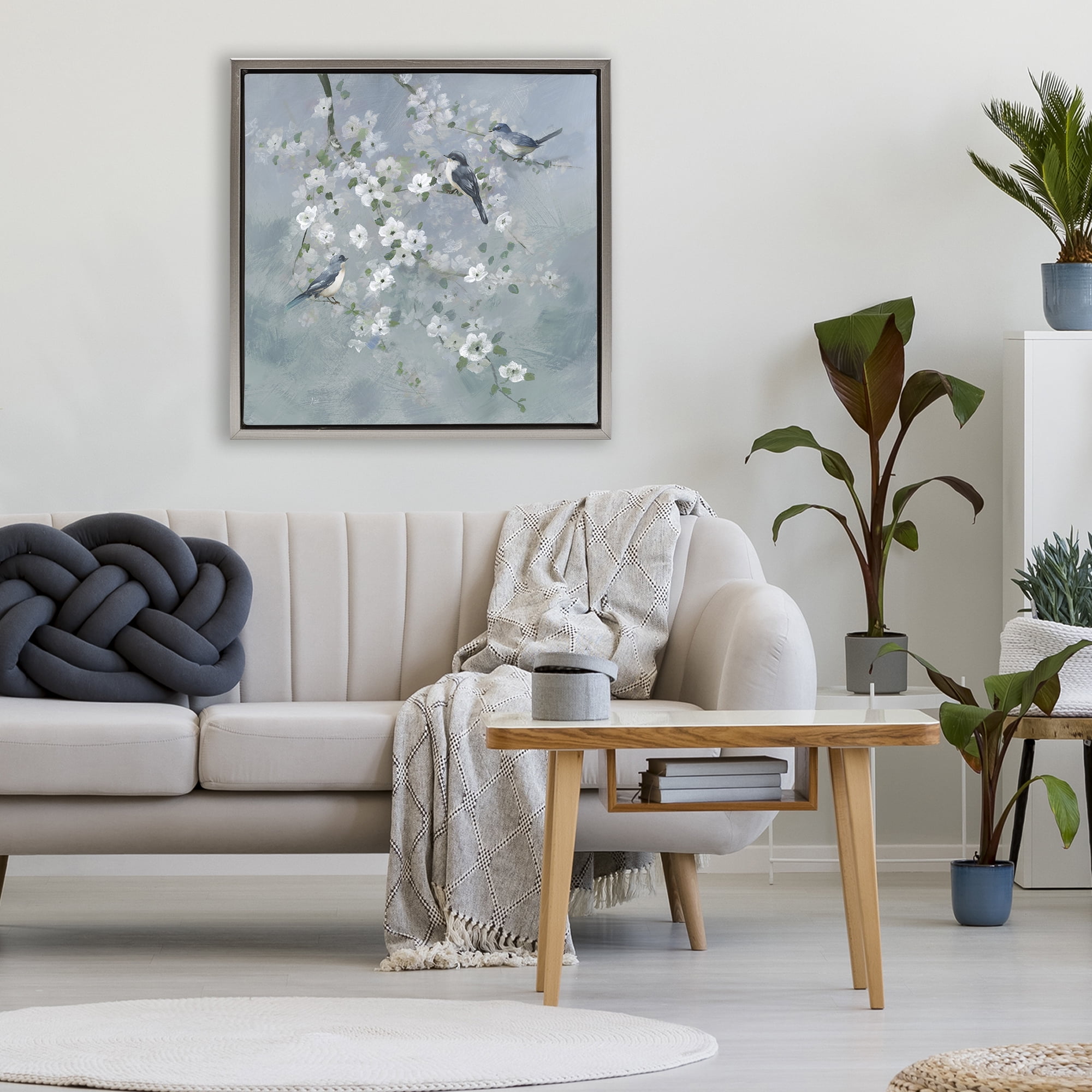 Stupell Industries Serene Birds on White Blooms Gray Framed Floater Canvas Wall Art, design by Nan