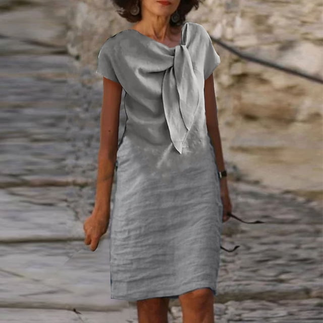 Robes pour Femmes 2024 Été Surdimensionné Nouveau Tempérament Élégant Col Rond Noué Manches Courtes Couleur Unie Coton Lin Robe 50 % de Réduction!