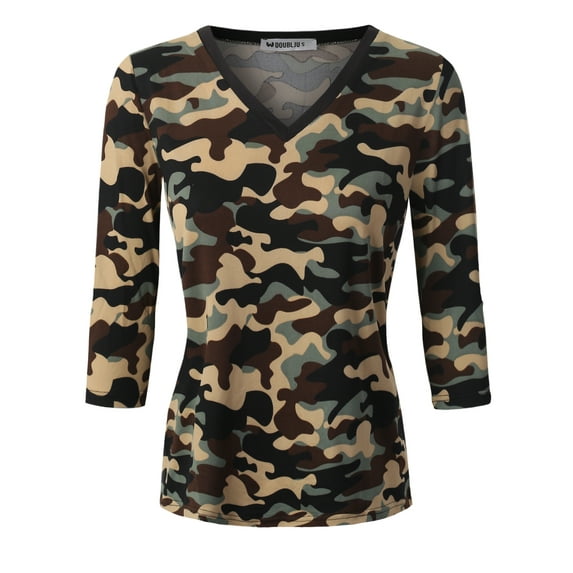 Doublju Women's V-Neck 3/4 Sleeve Top (Plus Size Available)