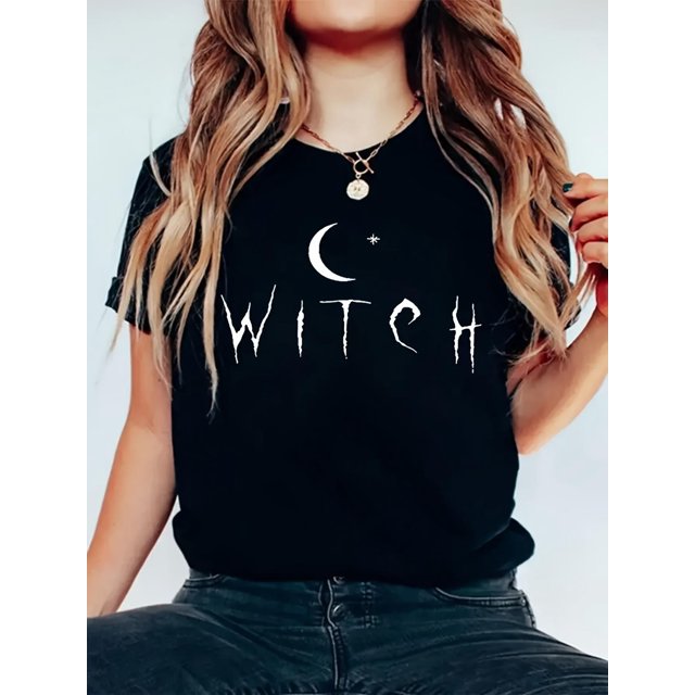 T-Shirt Décontracté Grande Taille pour Femmes, Col Rond en Polyester 100 % Manches Courtes avec Imprimé Graphique Sorcière Dessin Animé, Tissu Tricoté Été & Printemps, pour Halloween