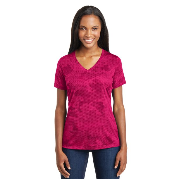 SPORT-TEK Camiseta con cuello en V CamoHex para mujer M Rosa frambuesa deporte-tek LST370