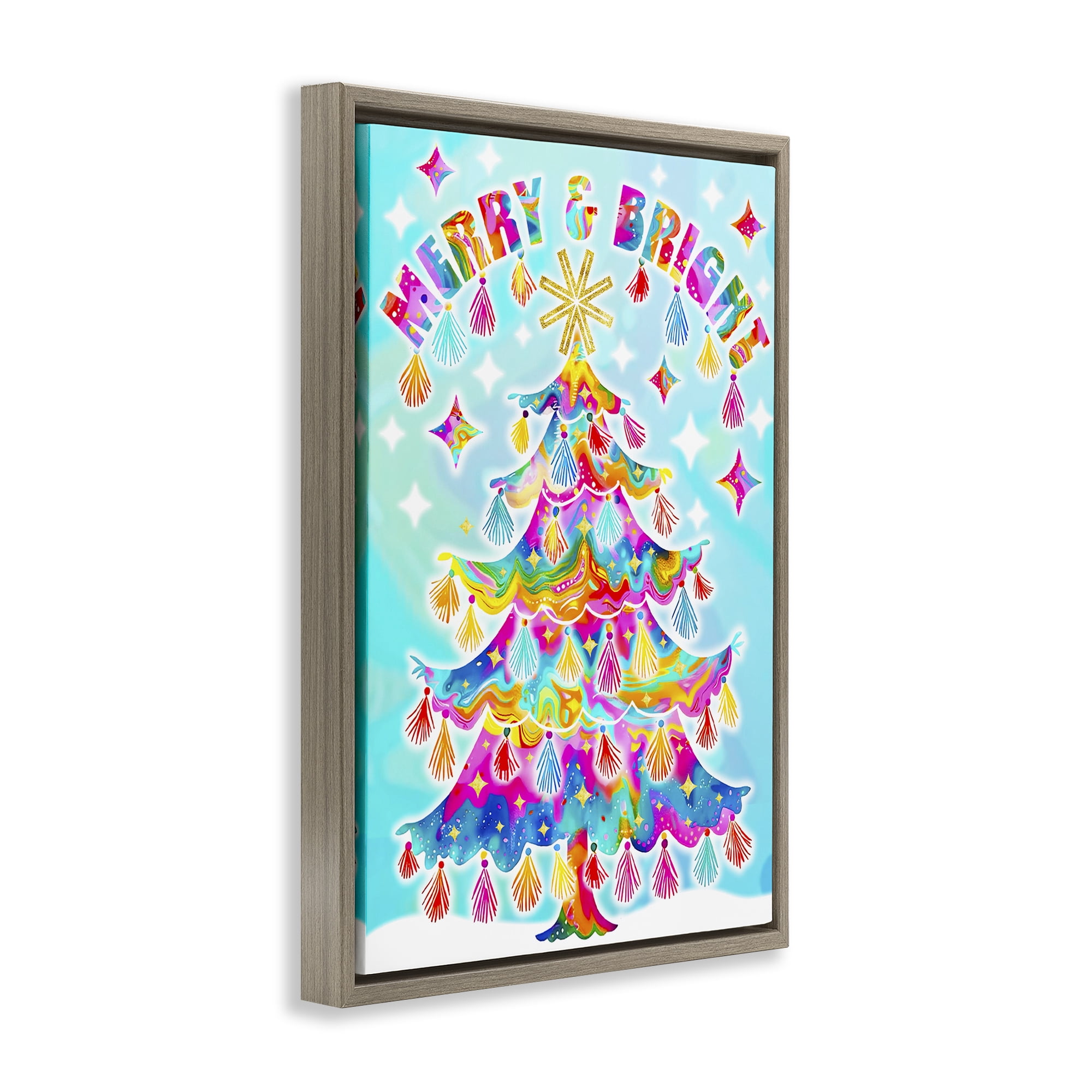 Stupell Industries Eclectic Merry & Bright Holiday Painting Brown Floater Framed Canvas Art Prints Wall Art, 21 x 31