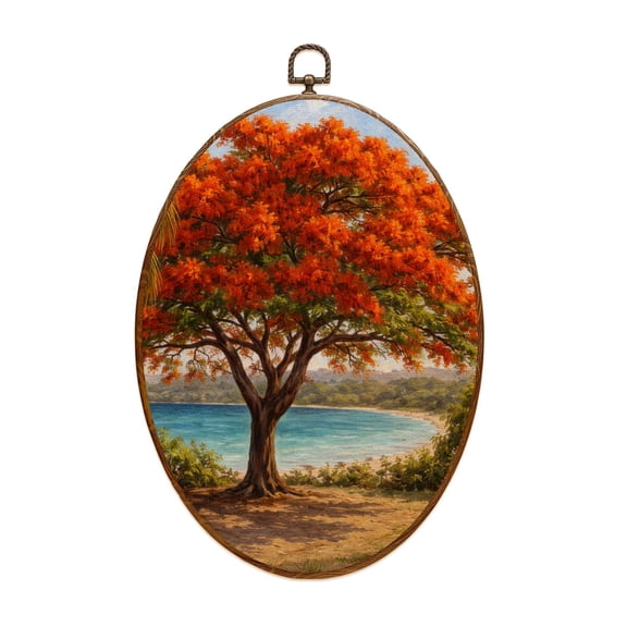 Canvas Wall Art flamboyant sea poinciana tree birds Oval Framed Canvas Prints Vintage Wall Hanging Decor for Home Bathroom Decorations Gift for Mom Women 8.6"x11.4"