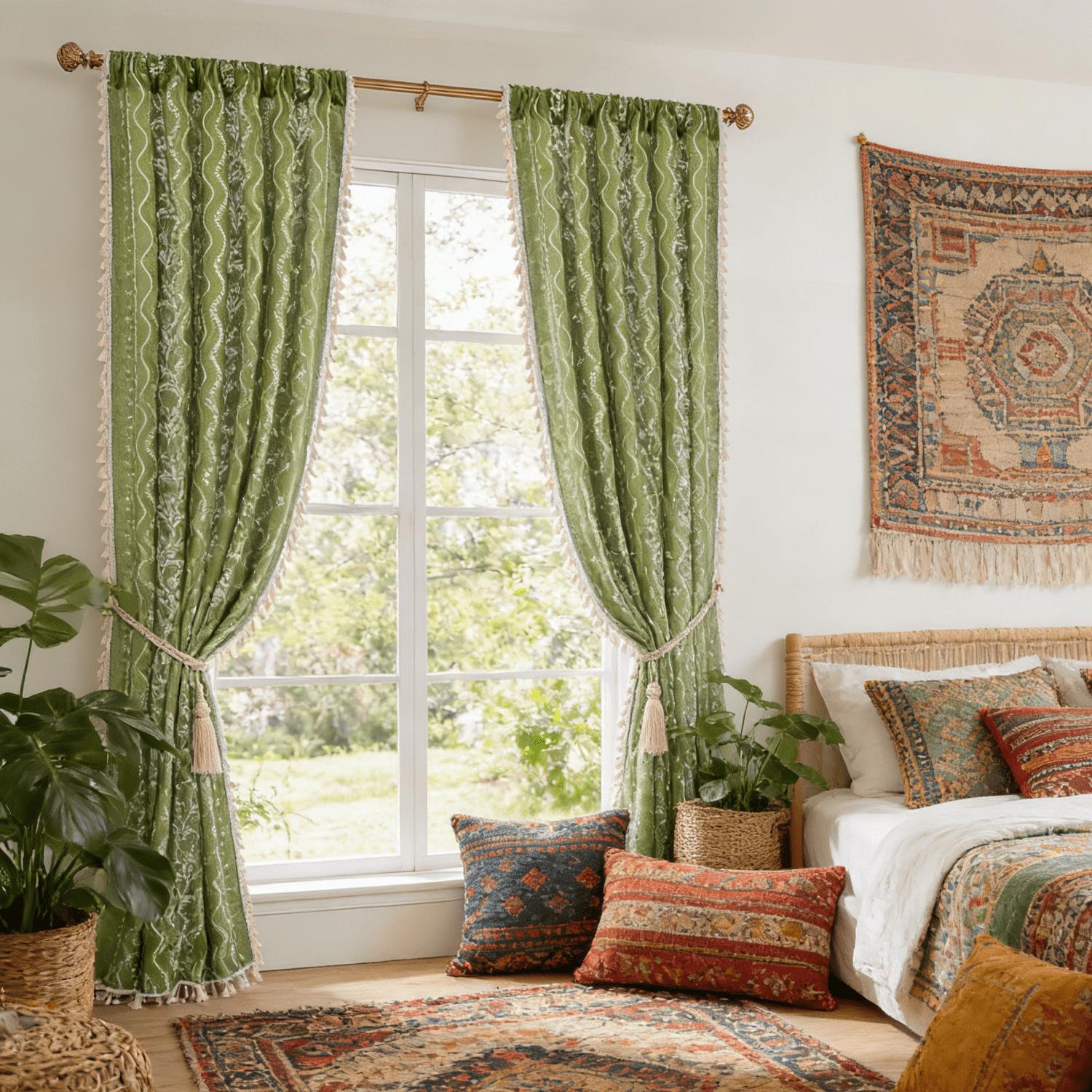 Invoibler Boho Farmhouse Sage Green Light Filtering Linen Curtains with Tassels & White Pattern, 52"x 84", 2 Panels