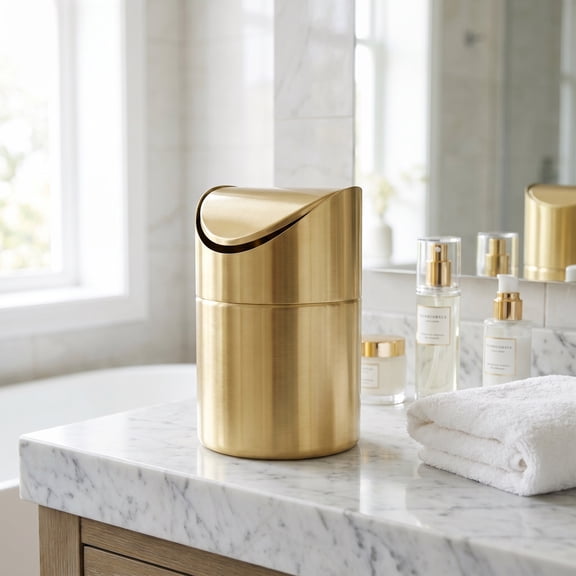 Elegant Gold Bathroom Trash Can with Swing Lid 4.72 in × 4.72 in × 6.50 in – Small Trash Can with Lid Waste Basket by Aemutady