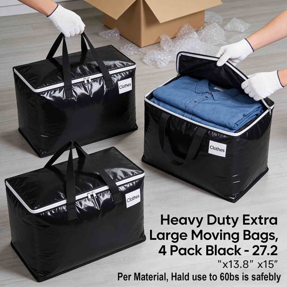 Heavy Duty Extra Large Moving Bags, 4-Pack, Foldable Storage Boxes with Reinforced Handles and Zippers, Black