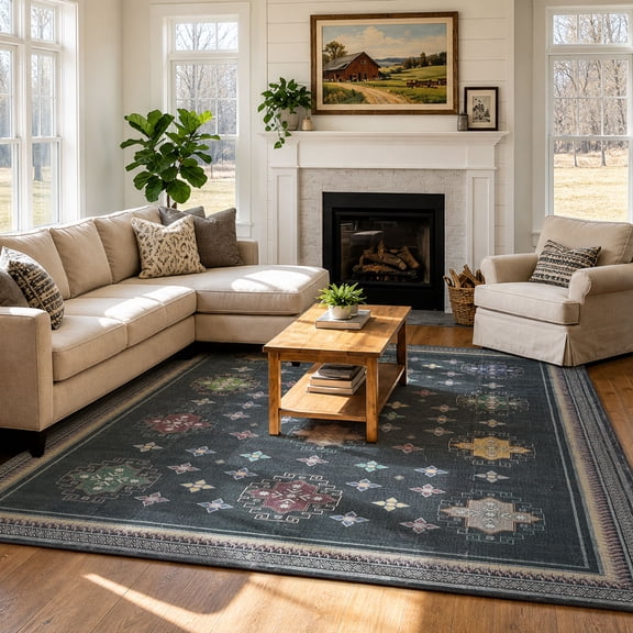 TURCURNO Black Boho 5x7 Area Rugs for Living Room,Traditional Distressed Low Pile Non-Slip Carpets for Office Bedroom Dining Room Machine Washable Rug