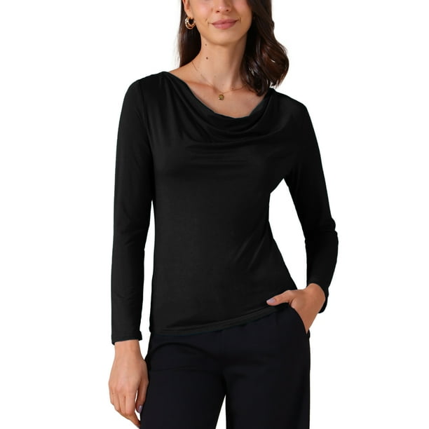 Camiseta ajustada de manga larga con cuello drapeado para mujer INSPIRE CHIC, suave, color negro, talla M