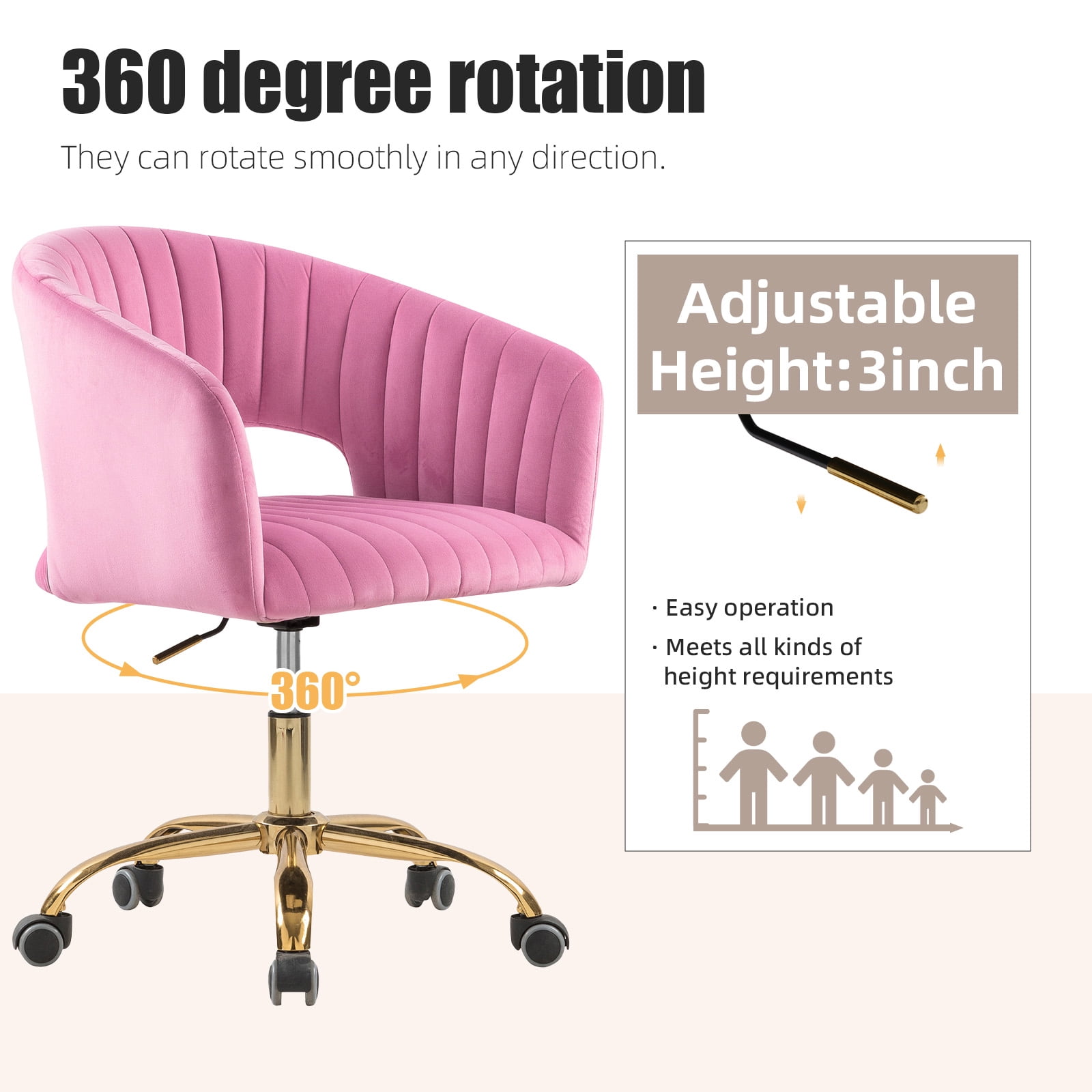 MOONMISS Velvet Upholstered 360°Swivel Adjustable Height Modern Home Office Chair With Golden Legs-Pink