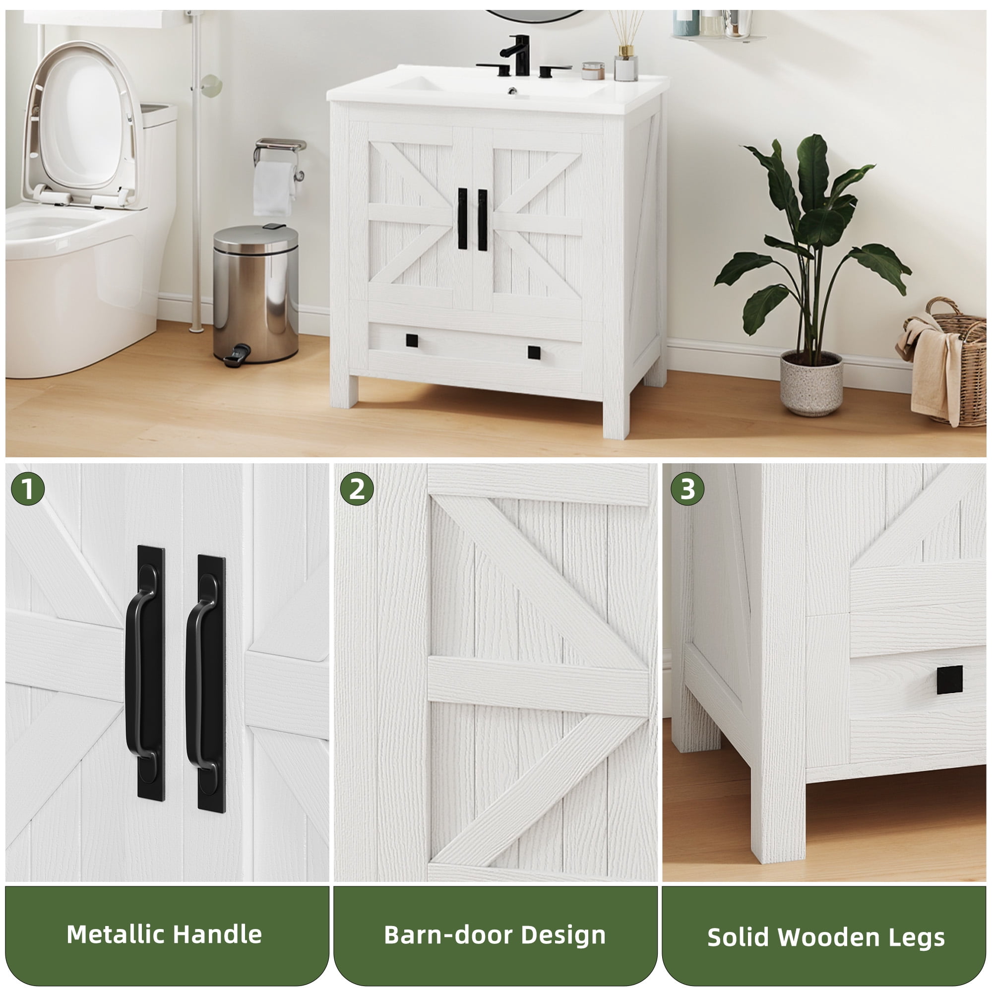 Uforic 30" Bathroom vanity with Sink Top, Farmhouse Bathroom Storage Cabinet with Drawers, White