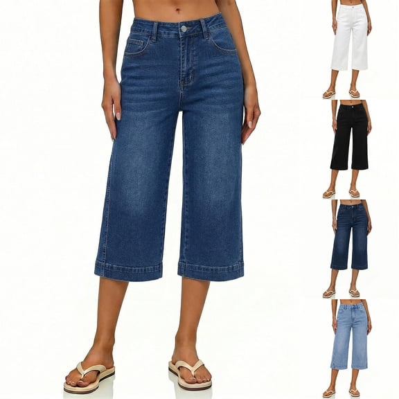 ZKunhua Womens High Waist Denim Wide Leg Capri Pants Casual Stretch Jean Cropped Trousers with Pockets