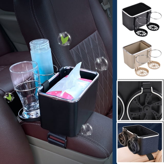 SSZMDLB 2Pcs Car Armrest Organizer, Car Armrest Organizer, Foldable Side Storage Box with Cup Holders, Console Caddy for Phone and Tissues, Vehicle Accessory for SUV, Truck, Jeep