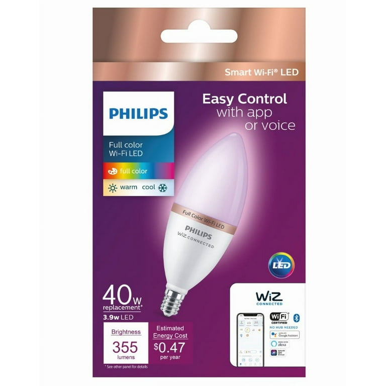 Philips 562454 Smart Wi-Fi Connected LED 40-Watt B12 Candle Light Bulb, Frosted Color Dimmable, E12 Candelabra Base (1-Pack)
