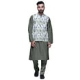 thumbnail image 1 of Atasi Mandarin Collar Traditional Solid Kurta Pajama With Printed Jacket Set, 1 of 3