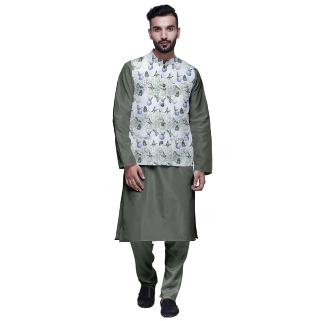 Atasi Ethnic Dupion Silk Kurta Pyajama Set With Printed Nehru Jacket For Mens
