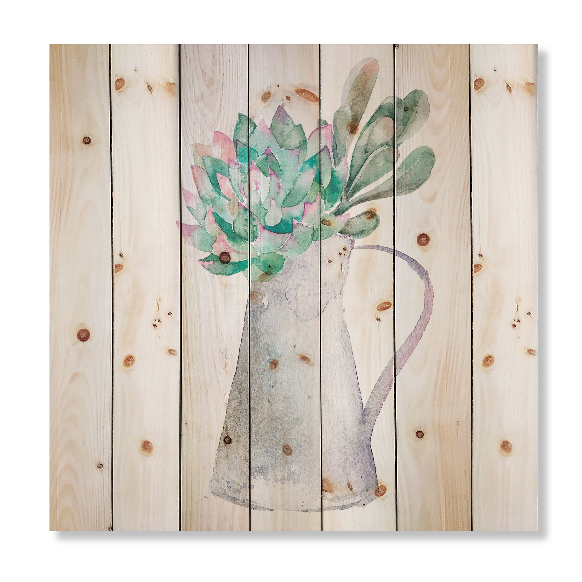 Designart 'Succulent Home Plant In Jug' Traditional Print on Natural Pine Wood